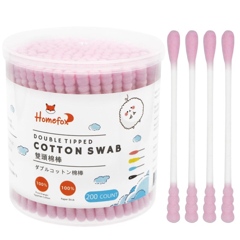 HOMEFOX Pink Cotton Swabs Spiral  200 Count Organic Cotton Buds Double Side Tightly Wrapped Cotton Tips Paper Stick Soft Gentle LintFree CrueltyFree Round  Spiral Pink